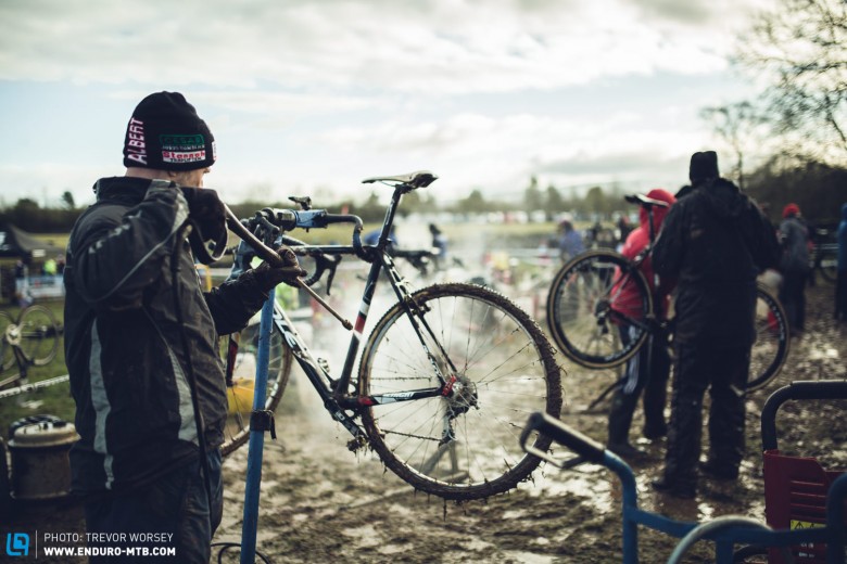 Blasting the muck off in the pits, top racers use 2 bikes, but you can start with just your mountain bike