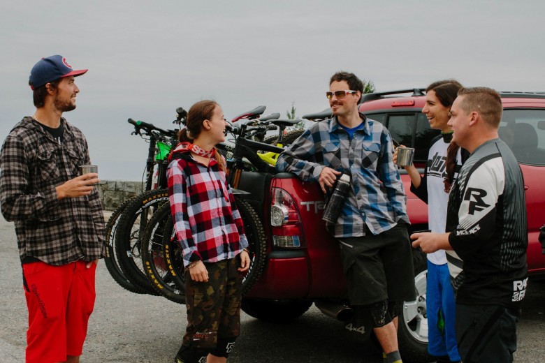 This photo captures what Pacific Northwest riding is all about: big bikes, plaid shirts, friends, overcast skies, and coffee.