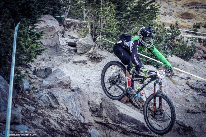 Sending it – without fear, Lauren tackles a rock garden on Stage 1.