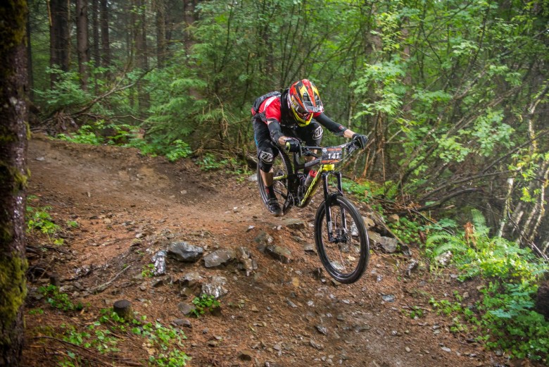 Loam Coffee sponsors a local enduro race team. Here Brandon Porter races down Thrillium at the Cascadia Dirt Cup. 