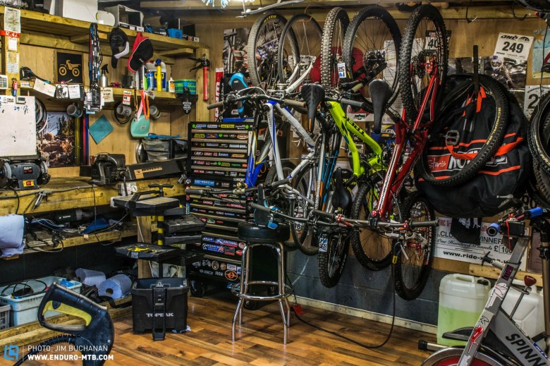 The shed, all jobs done and bikes hanging like ornaments.