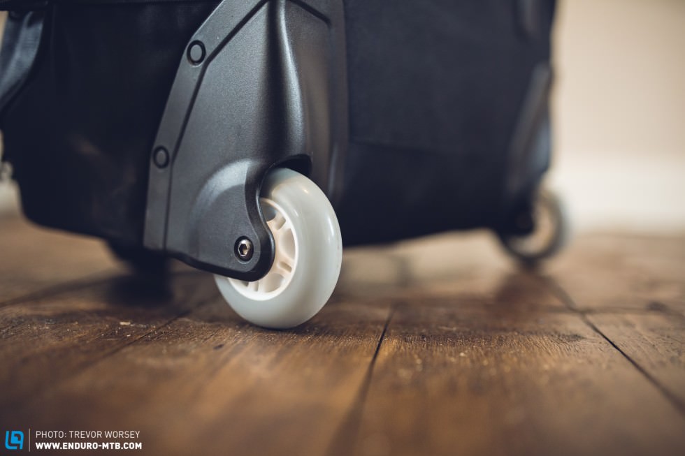 The durable skate wheels are replaceable if needed, and make short work of airport floors.