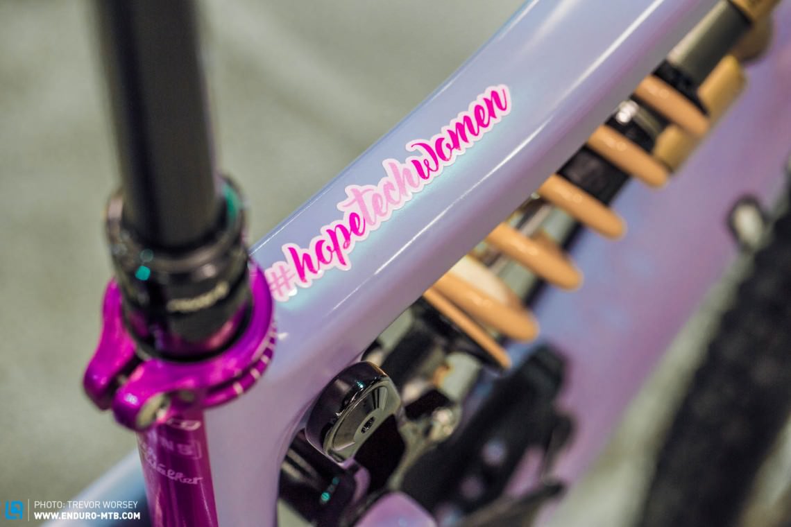 Rachael Walker is the marketing manager at Hope Technology, and the bike is blinged out with Hope goodies.
