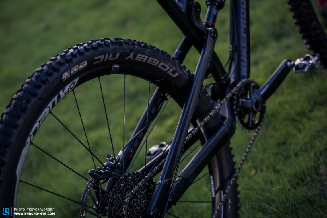 A Schwalbe Pace Star Nobby Nic tyre is not well matched to the Nukeproof Mega 290 Pro's intentions.