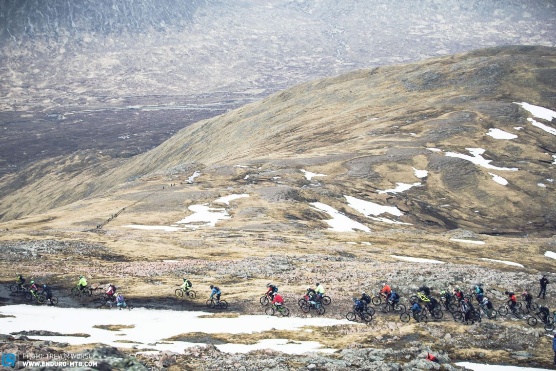 The speed of the fastest riders is clear here, already at Heartbreak hill before some had left the snow!