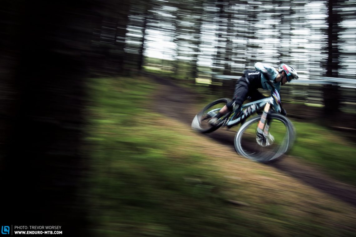 Local legend Trek Factory Team rider Katy winton was a blur on the fast Glentress stages.