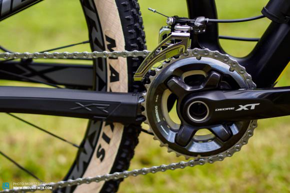 Standards is every direction. Here’s Shimano’s SideSwing front mech mount for the 2x drivetrains.