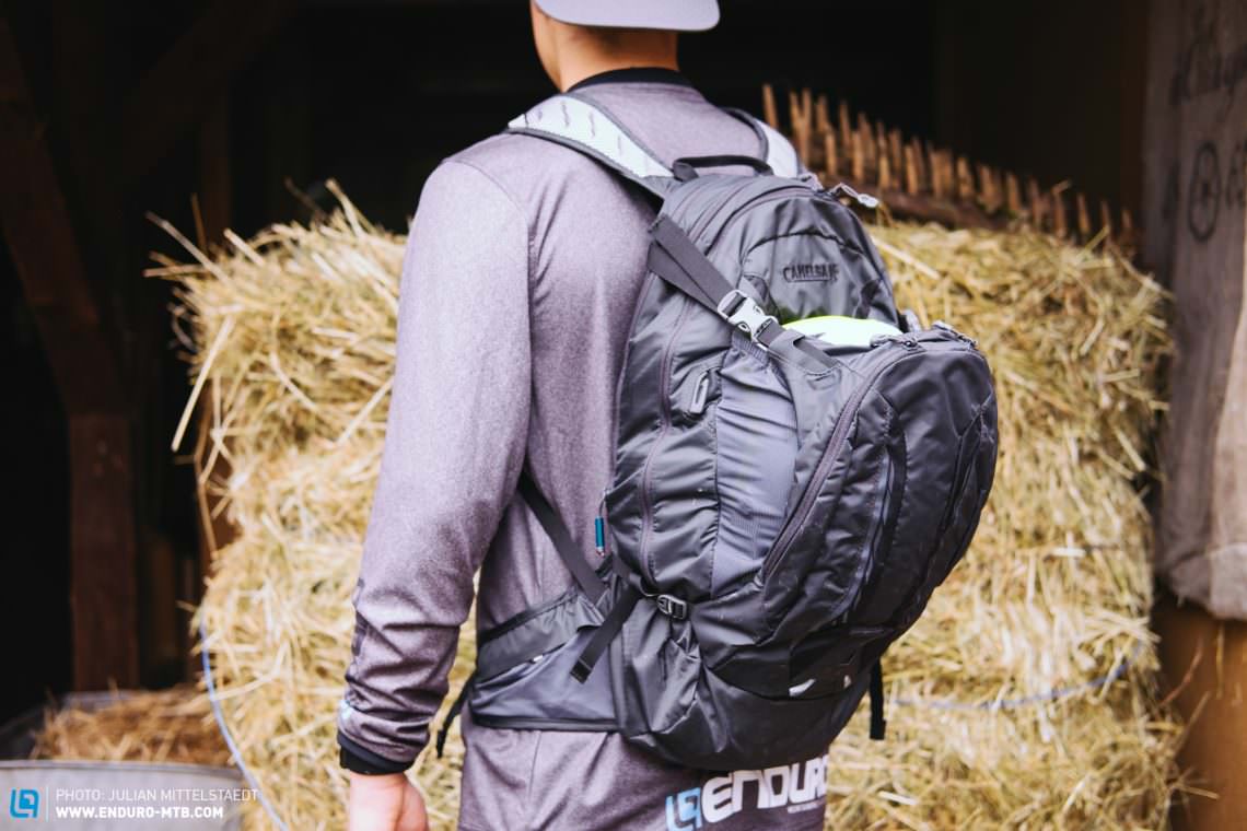 There are four of CamelBak’s NV panels on the back of the H.A.W.G. which keep a gap between your back and the backpack and are designed to move intuitively with your body as you ride.