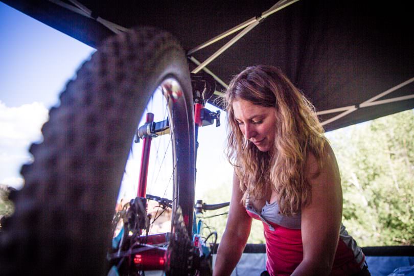 Ibis team manager, Mary Moncorge turned her hand to being team wrench today, prepping the team's bikes as their mechanic doesn't arrive until closer to the weekend.
