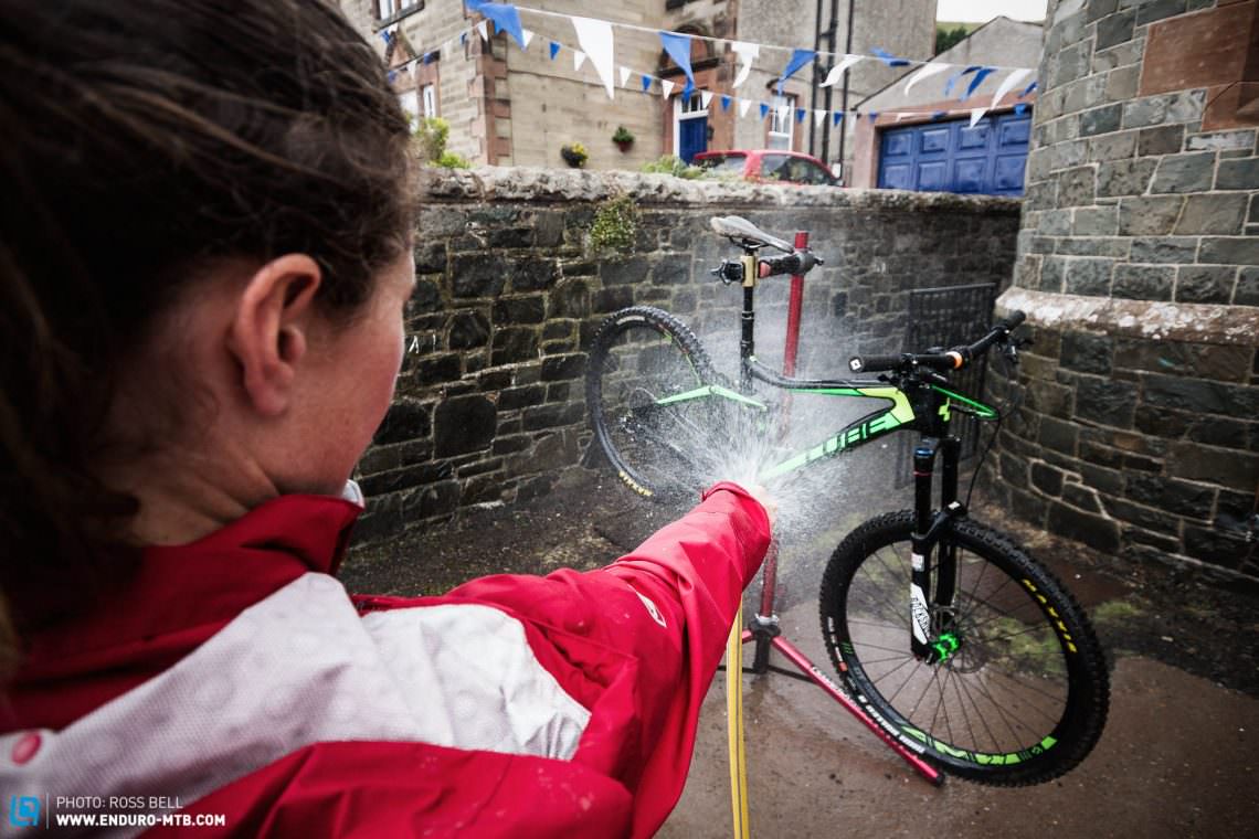 When spraying the bike down be careful not to force water into hubs or frame bearings.