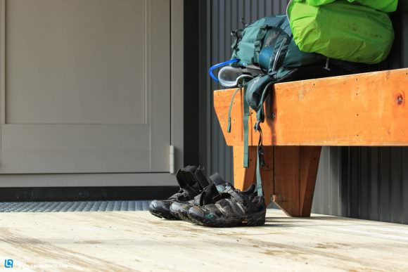 Outside Perry Saddle Hut, leave your shoes outside - just like being at home