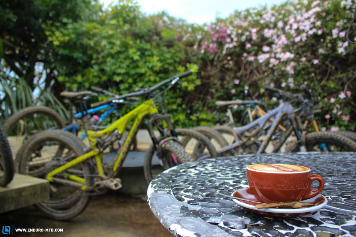 Perfect coffee in 'Devilles' whilst the owners kindly tolerated our muddy bikes!