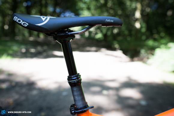 Comfortable SDG saddle, our tester, even though a touch short in the leg, would still have preferred a 150 mm dropper with Orange’s low slung top tube.