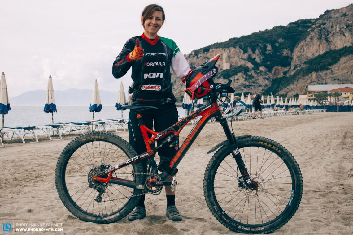 Current Italian MTB Enduro Champion 2016, Laura Rossin from Team Bike Garage Revolution Intense was unable to finish the EWS round in Finale after crashing out and braking the front brake lever. She rides a custom Intense Tracer 275C.