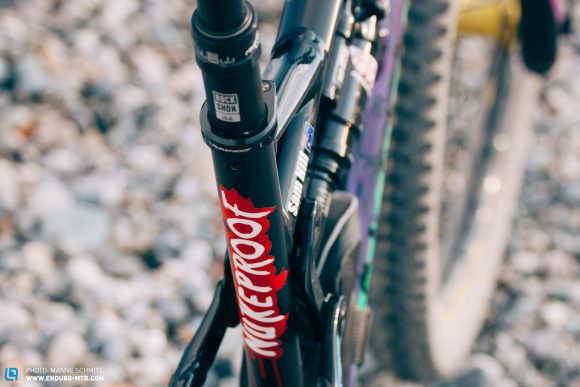 A 150 mm Reverb Stealth Dropper keeps Sam in the right position and combined with the Nukeproof Mega’s low standover ensures the bike is easy to chuck around.