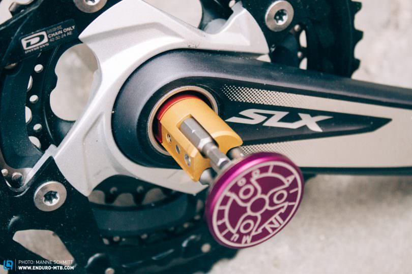 The All In Multitool slots into virtually all hollow axle crank models, including Shimano Hollowtech II, Race Face Cinch, SRAM etc. Other than the bits hidden in the body, there are also two slots for chain links.