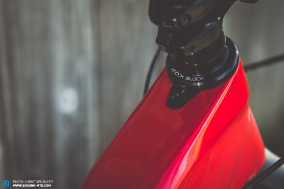 Impractical  Trek have designed the Slash with a Straight Shot down tube that dramatically boosts front-end stiffness – but it requires the use of a Knock Block steerer stop to protect the low-slung frame from the fork, which makes it trickier to get the bike in a car boot.